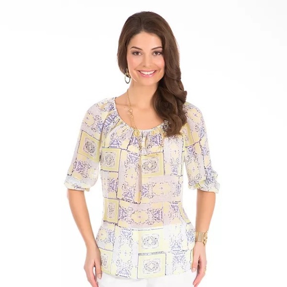 Daisy Fuentes Yellow Blue Medallion Chiffon Flowy Sheer Peasant Blouse Size XL - Picture 6 of 6